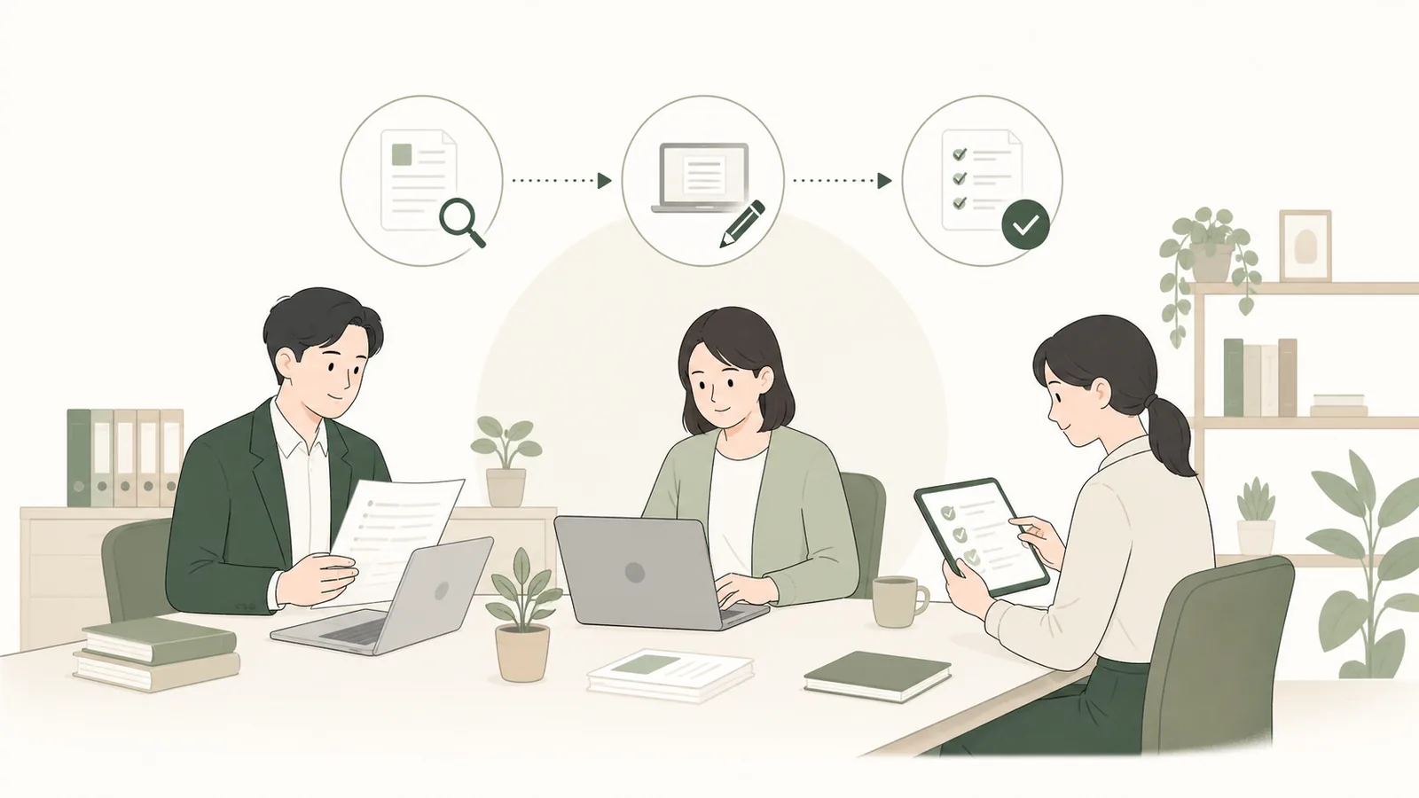 3人で書類確認とPC作業をしている様子